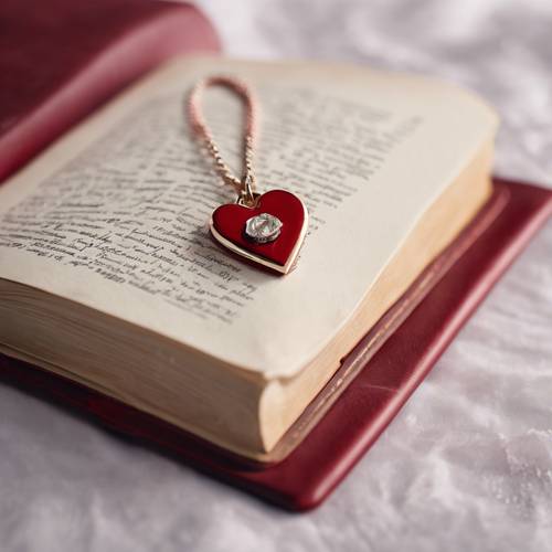 A preppy heart-shaped charm resting on a high-end, red leather-bound book cover.