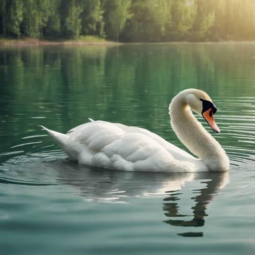 ברבור לבן נוצות שוחה על אגם ירוק ושליו
