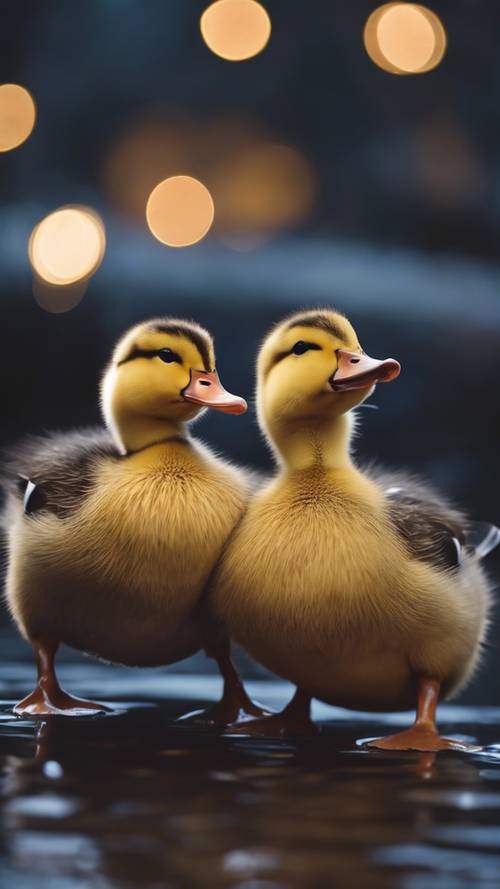 Dwie urocze, pulchne kaczki przytulają się do siebie w chłodną noc, z dziobami wetkniętymi w pióra.