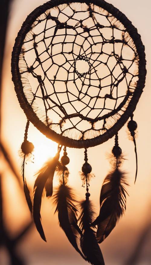 A close-up of a black boho-styled dream-catcher against a sunset setting. Tapet [87a856ab38d1482e9a38]