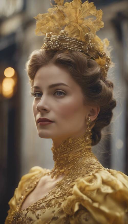 Una dama de la época victoriana vestida con un elaborado vestido amarillo y dorado.