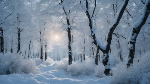 Dolunay altında parıldayan buzla kaplı ağaçların bulunduğu beyaz karlı bir orman.