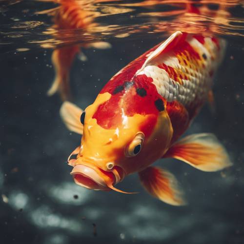 Um vibrante peixe koi vermelho e dourado nadando em um lago claro.