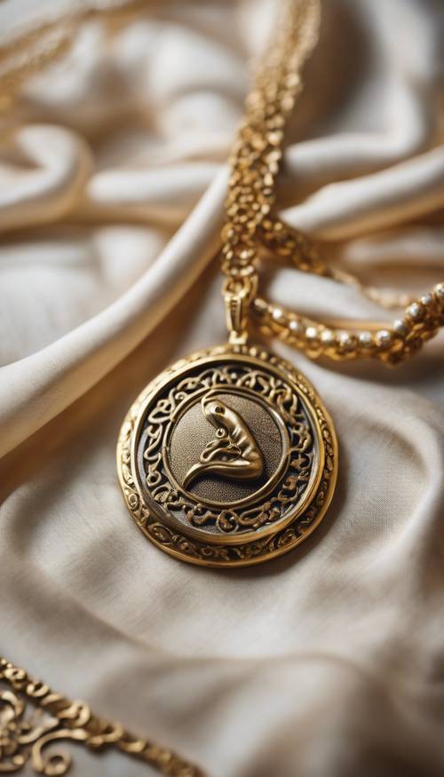 An antique golden pendant shaped as the Gemini sign resting on an intricate silk fabric.