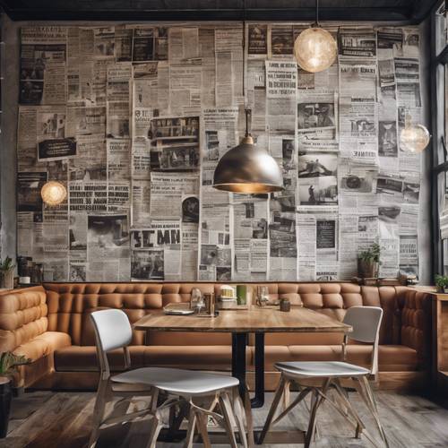 Modern, yenilikçi bir kafede gazete odaklı bir duvar sanatı.