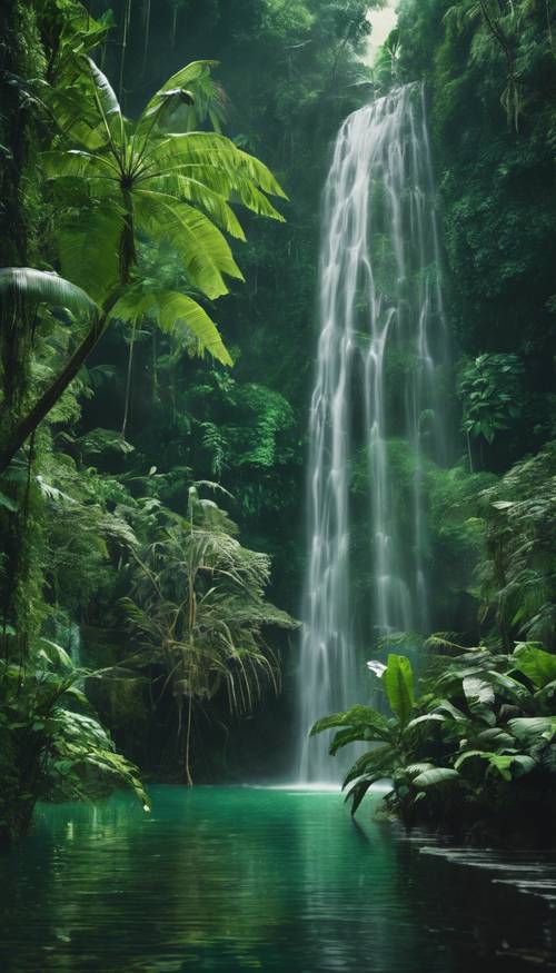 A soothing waterfall in an emerald-green rainforest, teeming with exotic birds and insects.