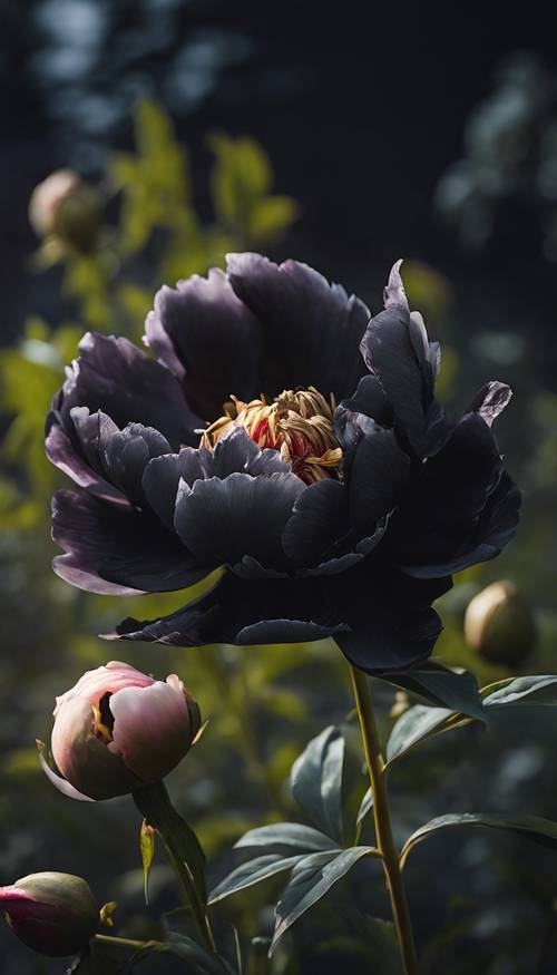 Uma flor de peônia preta destacada pelo luar.