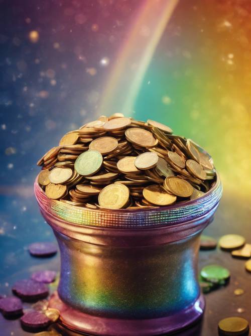 An enchanting image of a rainbow terminating at a pot filled with shiny, golden coins. Tapeta [ef732476012d48d6aeec]