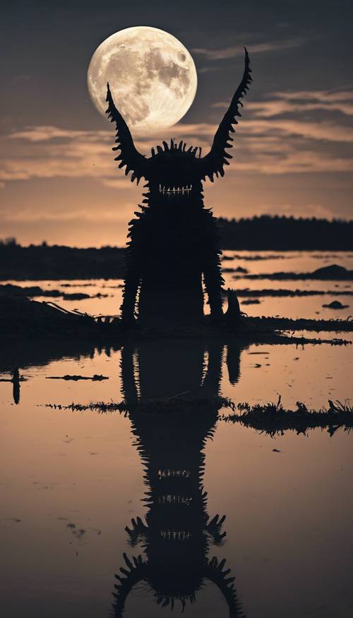 A murky, coal black lake under the full moon, with the silhouette of a scary monster emerging.