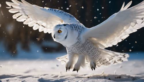 Uma coruja branca nevada no meio da captura de sua presa na noite profunda e escura.