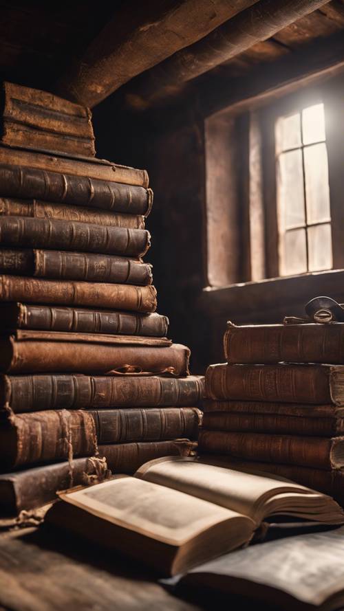 An attic filled with antique leather-bound books dusty with age.