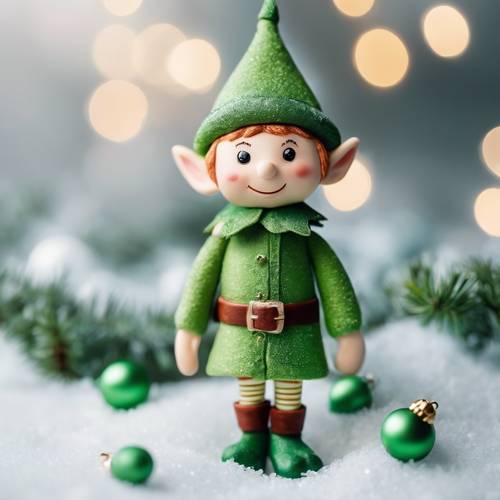 A cute green Christmas elf toy on a white frosty background. Tapet [75b57f74f34047198c77]