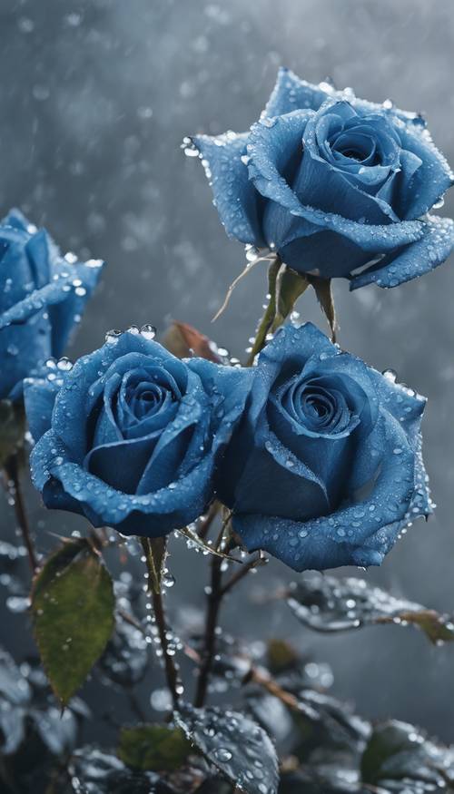 Blue roses covered in morning dew against a gray, foggy background.