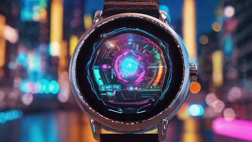 Uno smartwatch ispirato alla fantascienza con grafica high-tech sullo sfondo di un paesaggio urbano illuminato al neon.