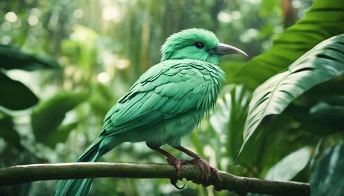 Um pássaro tropical verde menta, empoleirado entre folhas exuberantes da floresta tropical.