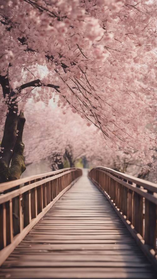 Wooden bridge crossing over a river filled with floating cherry blossom petals.