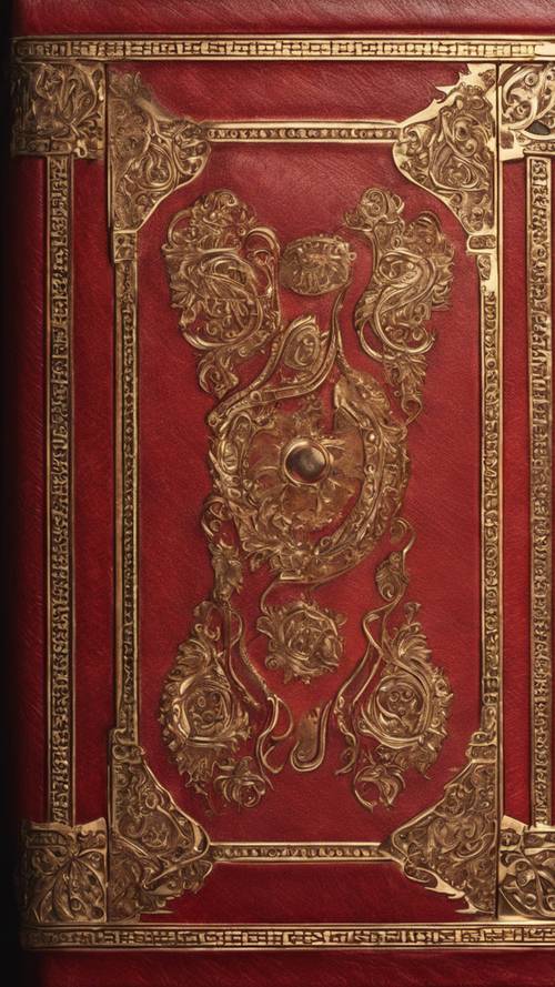 Sampul depan buku antik bersampul kulit berwarna merah dengan emboss emas.