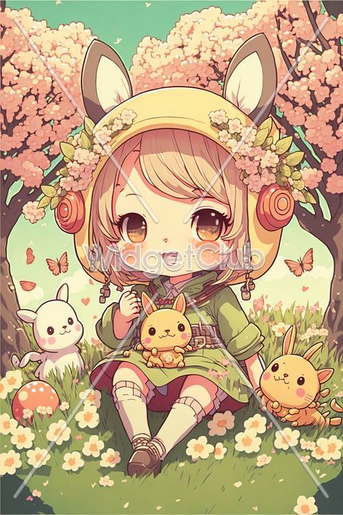 Cherry Blossom Adventure with Cute Anime Girl and Bunnies