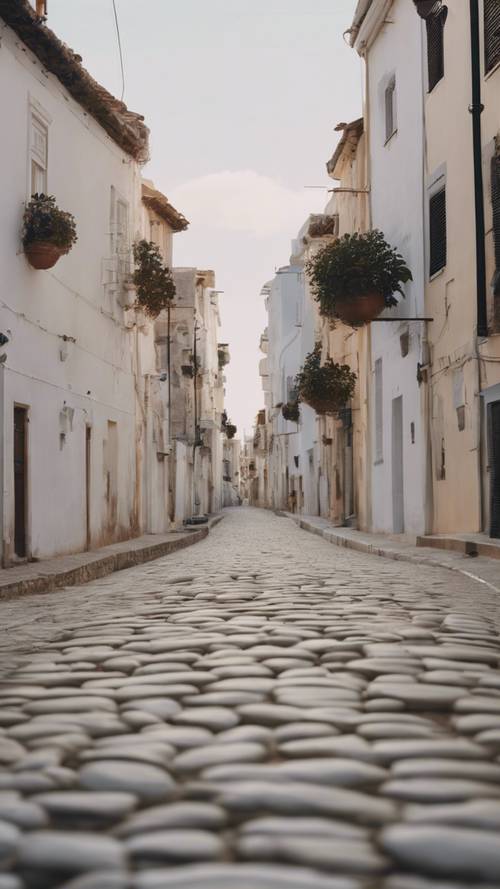An aesthetic beach town with white-washed buildings and cobblestone streets running parallel to the sea.