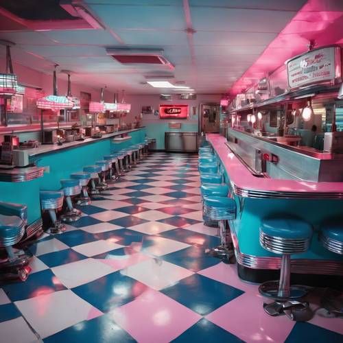 Un restaurante kitsch de los años 50, con pisos de cuadros azules y rosas, letreros de neón y recuerdos antiguos.