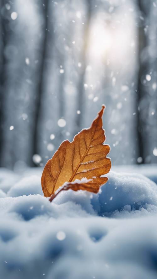 Uma imagem em close de uma folha azul contra o pano de fundo de uma floresta coberta de neve.