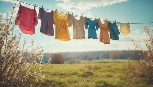 Une corde à linge vintage avec des vêtements de printemps colorés flottant dans le vent.