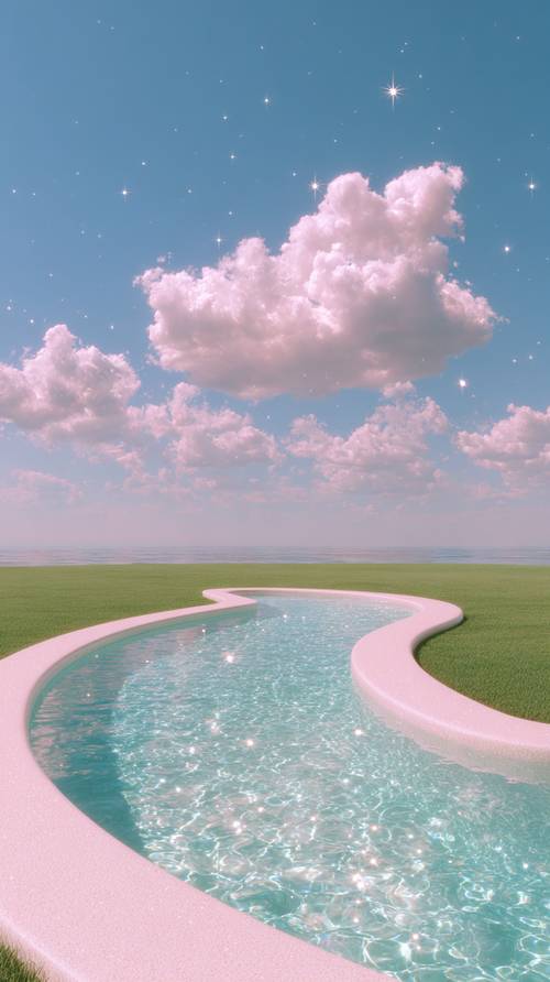 Piscina rosa brillante bajo nubes esponjosas en un paisaje de ensueño.