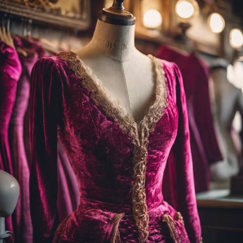 一件古董洋红色天鹅绒连衣裙，庄严地展示在古董人体模型上。