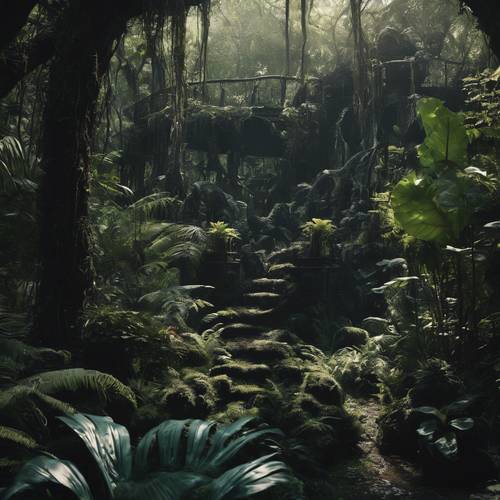 A fantastical black jungle inhabited by mythical creatures tucked away from the human realm.