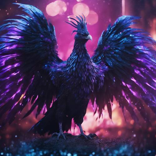 Burung phoenix yang mistis, sayap hitamnya yang kuat dilalap api ungu dan biru.