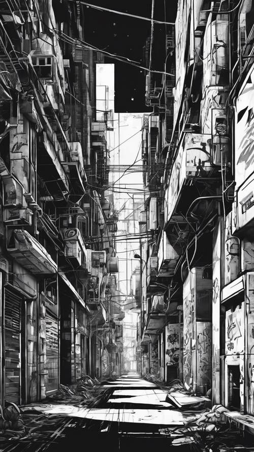 Un callejón ciberpunk sucio en blanco y negro lleno de graffitis futuristas.