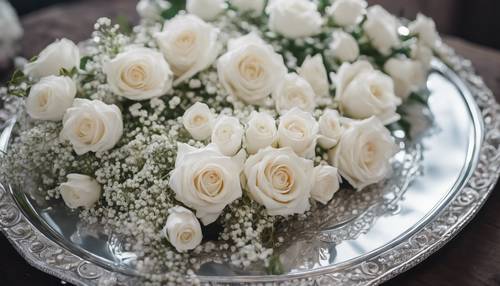 Bandeja de prata ornamentada com um luxuoso arranjo de flores de rosas brancas e hálito de bebê.