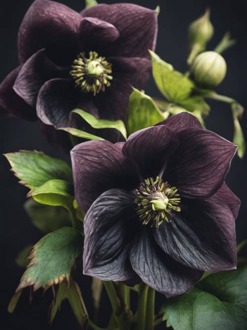 검은색 헬레보어의 상세한 클로즈업으로 어두운 꽃잎 내의 질감과 미묘한 색상 변화를 보여줍니다.