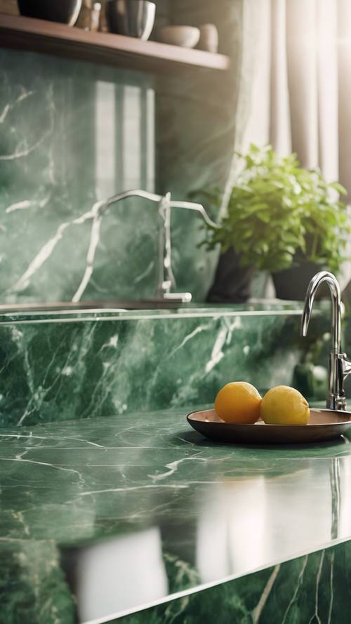 A polished green marble counter top gleaming under the sunlight