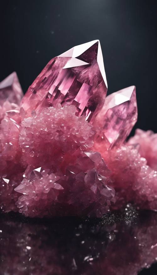 Gugus kristal merah muda mistis dengan latar belakang gelap.