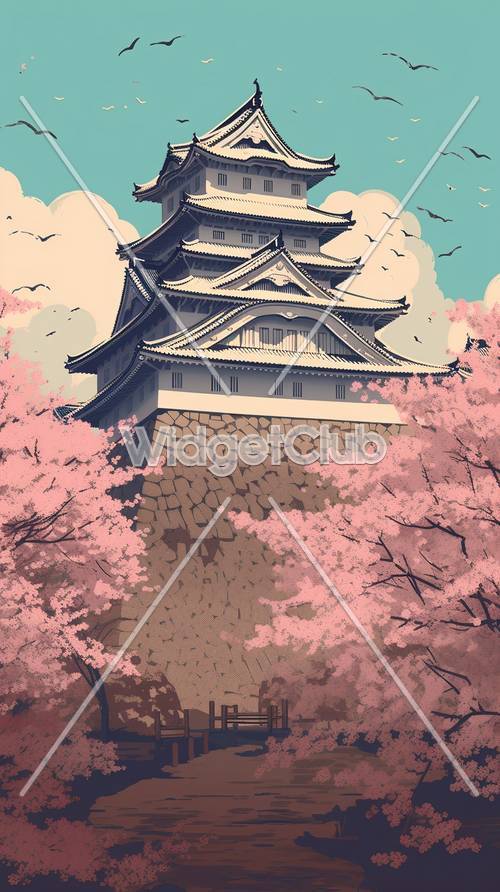 春の空に咲く桜と城 壁紙