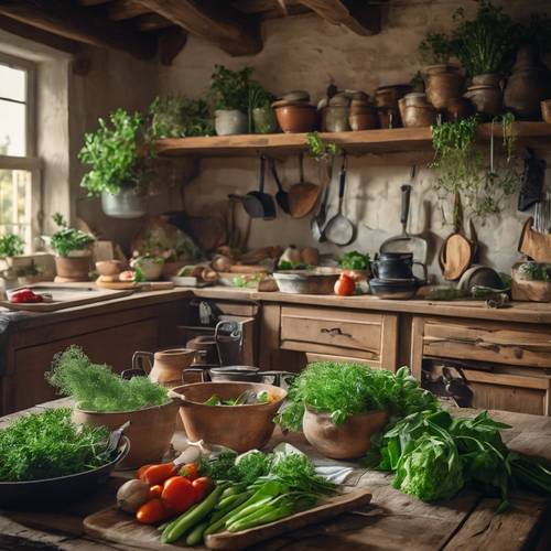 Eine rustikale Landhausküche voller frischer Kräuter und Frühlingsgemüse, bereit für eine herzhafte, hausgemachte Mahlzeit.