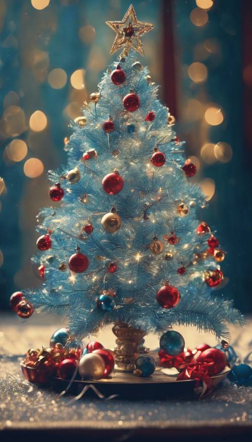 Niebieska kartka bożonarodzeniowa w stylu vintage z lat dwudziestych XX wieku przedstawiająca tradycyjną choinkę ozdobioną błyszczącymi świecidełkami i kolorowymi ozdobami.