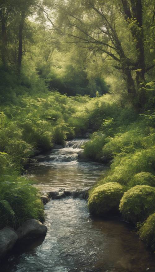 Деревенский винтажный пейзаж со спокойным журчащим ручьем, окруженным пышной зеленью.