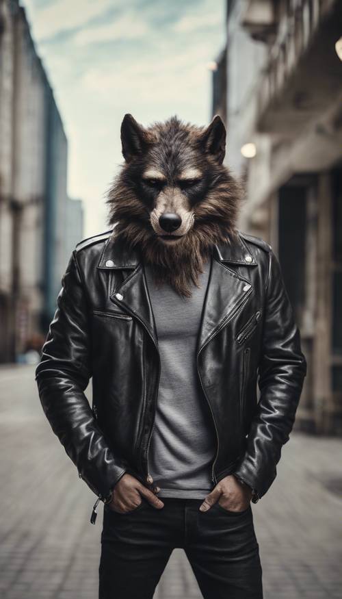 Manusia serigala yang bersantai dengan santai mengenakan kacamata hitam dan jaket kulit, berdiri di lingkungan perkotaan