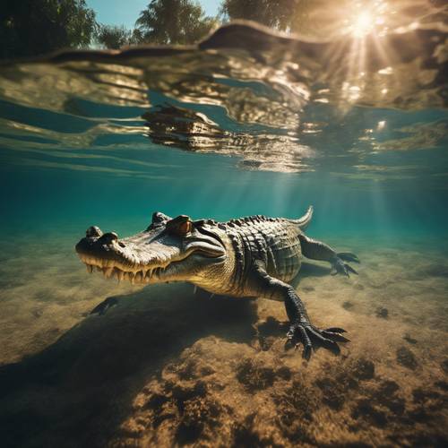 Unseen underwater view of a crocodile, lit magically by the setting sun.