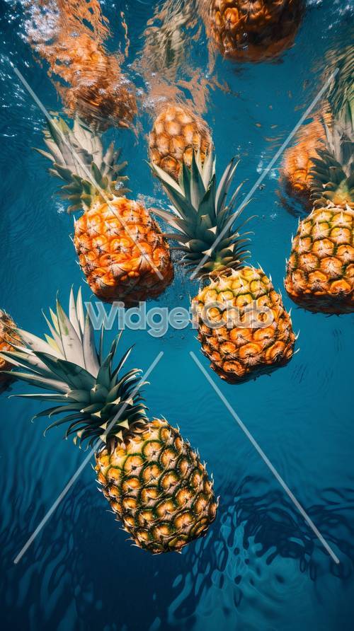 Floating Pineapples in Blue Water