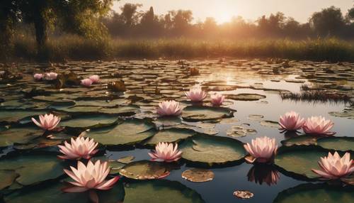 Sunrise view at the edge of a calm, reflective pond full of water lilies.