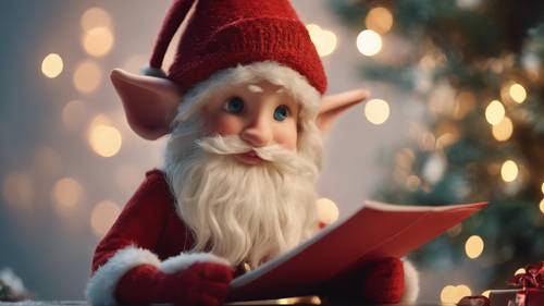 Un adorable duende navideño con mejillas sonrosadas, leyendo una larga lista de regalos.