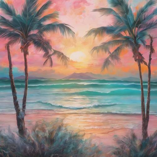 Una pintura abstracta en colores pastel inspirada en los tonos de una isla tropical al atardecer.