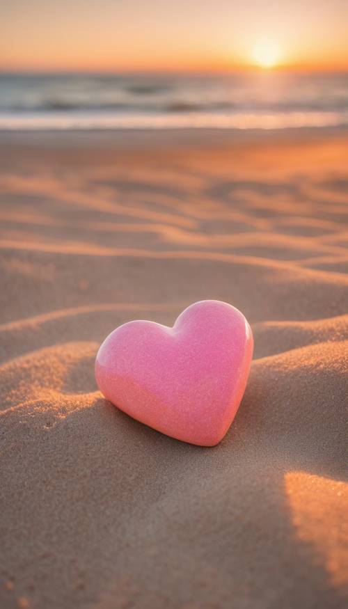 Uma pedra rosa em forma de coração deitada numa praia de areia laranja ao nascer do sol.