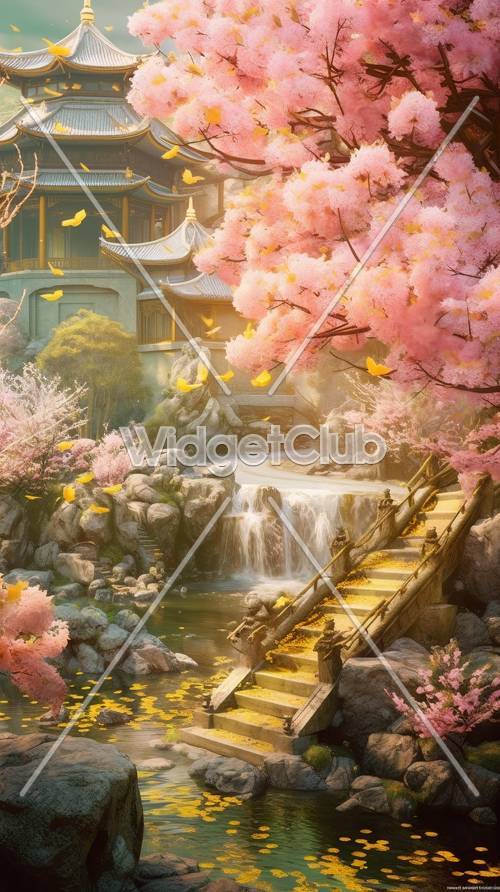 Kirschblüten und Wasserfall in einem ruhigen Garten