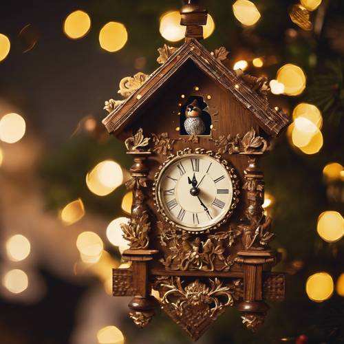 An old-fashioned brown and gold cuckoo clock striking midnight on Christmas Eve.