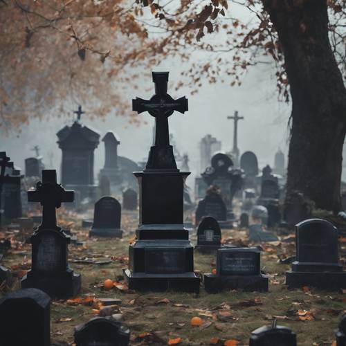 Uma cena de cemitério de Halloween, com lápides pretas e uma névoa misteriosa envolta.