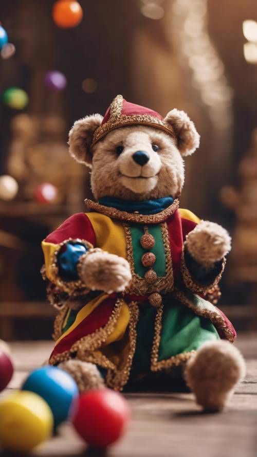 A court jester teddy bear juggling colorful balls in a lively medieval toy court setting.